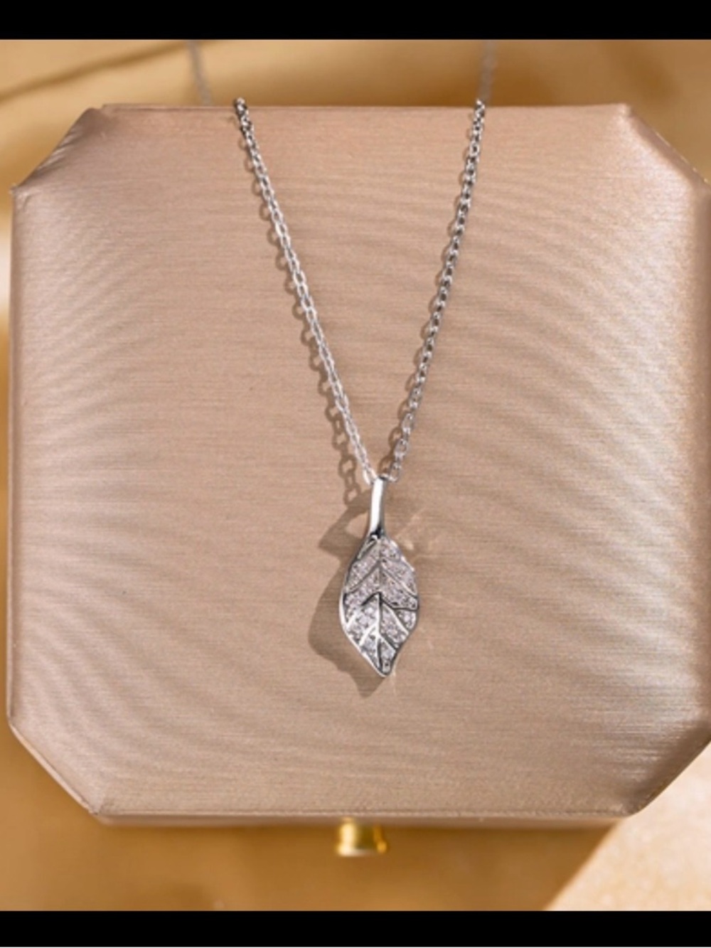 Silver Leaf Pendant Necklace with Sparkling Accents - Silver 16 inch Chain